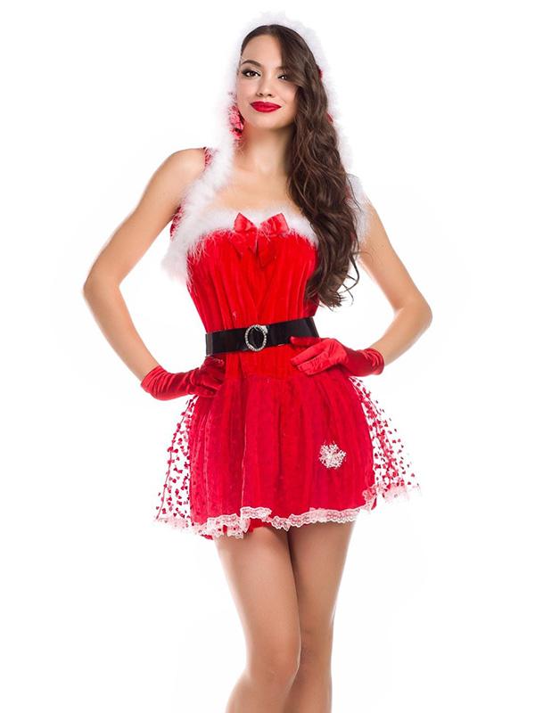 Cute Sexy Santa Miss Disfraces de Navidad Vestido de estampado de corazones / w Capucha Santa Sombrero Traje de Navidad