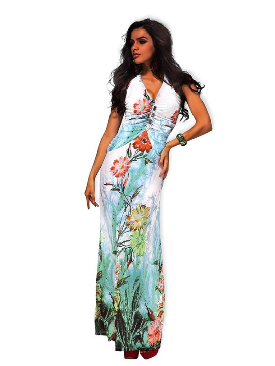 Women Bridesmaid Ruched Blue Floral Print Graffiti Prom Party Summer Maxi Long Dress