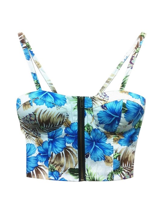 Verano algodón sujetador sin mangas para mujer Sexy azul estampado floral con cremallera correa de espagueti delantero Bralet Crop Top