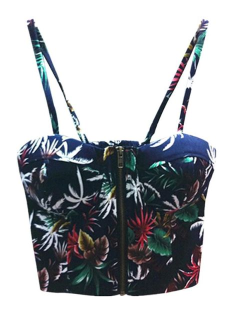 Womens Fashion Black Floral Print Strappy Bustier Short Corset Bralet Crop Top with Zipper Front