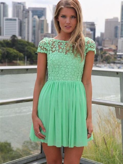 Kvinnor virkade blommiga spetsar öppen rygg Sexig godisfärg Chiffon Skater Mini klänning