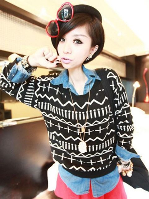 Fashion Geometry Design Printed Gestrickte Pullover Lose Pullover Casual Wear