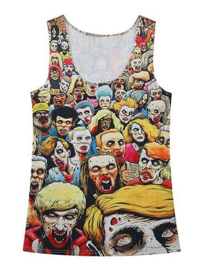 Zombie Devil de las mujeres Digital Print Tops Streetwear Clubwear gótico tanques (amarillo)
