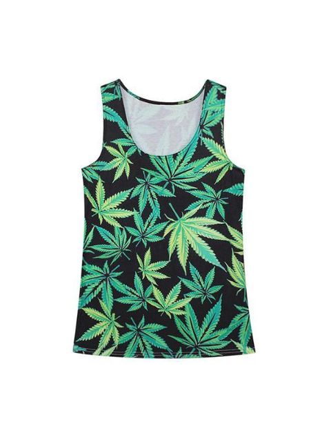 Top sin mangas de los tanques del estampado digital de la hoja del árbol de la mujer (verde)