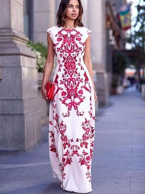 Vintage stærð kvenna ermalaus blómaprent Lang Chiffon Maxi kvöldkjól