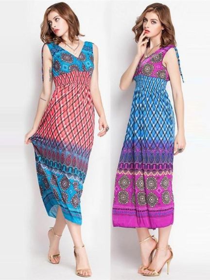 Dam Vintage Oversize Deep V Bohomian Style Ärmlös Blommatryck Lång Chiffong Maxiklänning