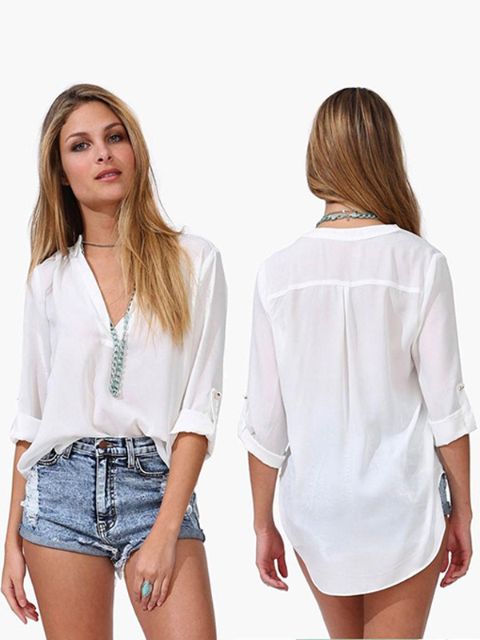 Mode Frauen lose Chiffon V-Ausschnitt Tops Langarm-Shirt Casual Bluse