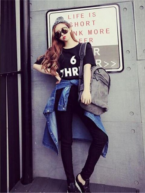 Women Sweet Boyfriend Letter Print Short Sleeve High-low T-shirt Long Top In 2 Color T-shirt