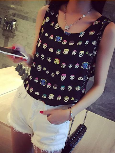 T-shirt débardeur en mousseline de soie imprimé de dessin animé sans manches pour femme en 2 couleurs