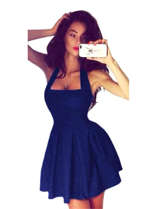 Fashion Women Summer Sleeveless Solid Ball Gown Pleated Sexy Evening Dress Clubwear