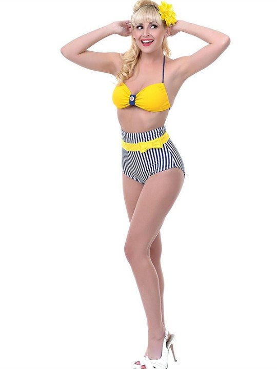 Women's Fashion Vintage retro Stripe Bandeau Swimsuit High Waist Push Up Bra Bikini set