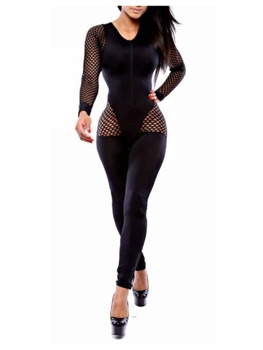Seksikäs musta kalaverkko pitkähihainen Celeb-inspiroima jumpsuit-bodysidemekko