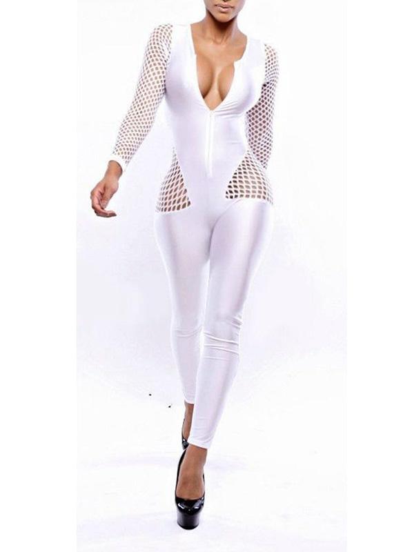Sexy résille blanche incrustée manches longues célébrité inspiré combinaison body bandage robe Clubwear