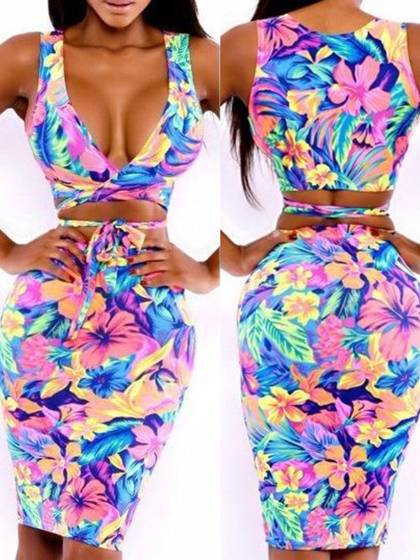 Celeb Neon Floral Print Cris Cross Top + Jupe Crayon Clubwear Bandage Dress