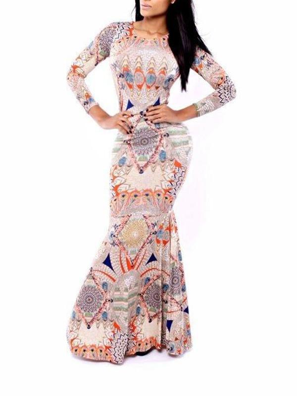 Blue Paisley Print Vintage Mermaid Long Dress Cocktail Ball Party Evening