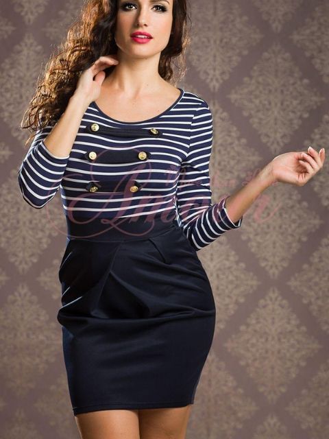 Sommer kjole europæisk stilfuld mode kvinder langærmet knap stribet bodycon mini sømand blå afslappet kjole