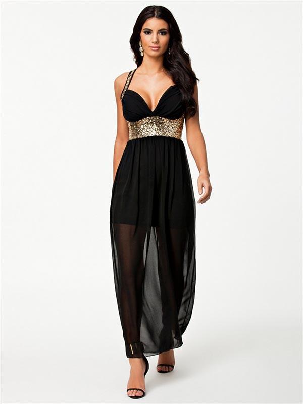 Black Chiffon Evening Cocktail Party Dress Blingbling Paillette Clubwear