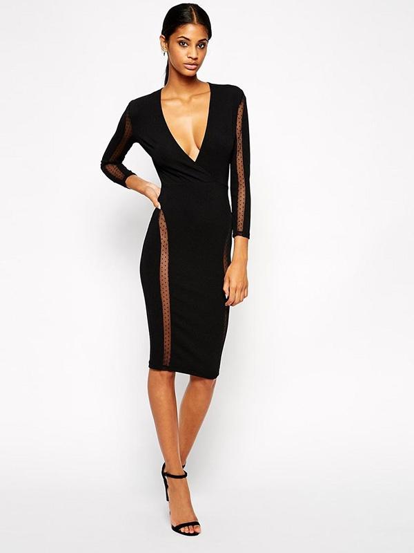 Moda-V Deep Mesh Inset mangas compridas vestido de lápis fino vestido de festa Cocktail Partywear