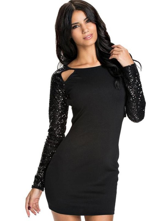 2015 novas mulheres moda Sexy preto lantejoulas manga comprida sem encosto Bodycon vestido para Cocktail / festa / clube