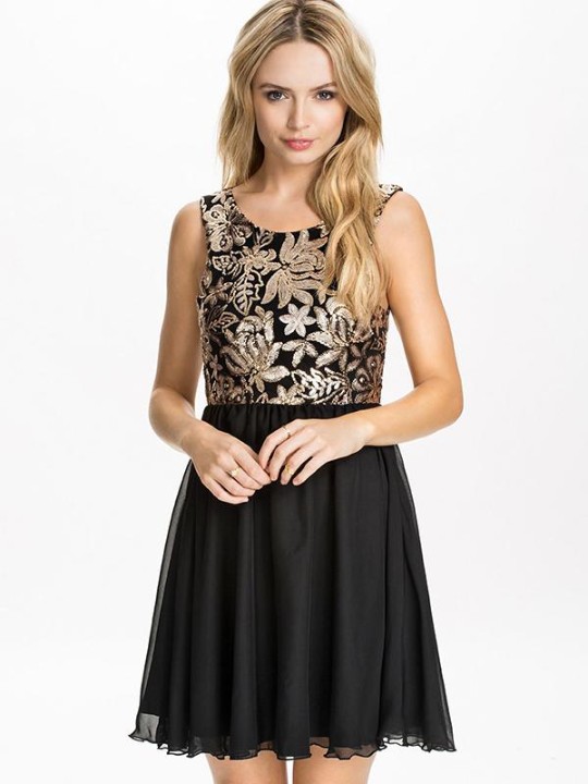 2015 Nouvelles Femmes Mode Sexy Noir Paillettes Floral Backles Mini Robe En Mousseline De Soie Pour Cocktail / Fête / Club