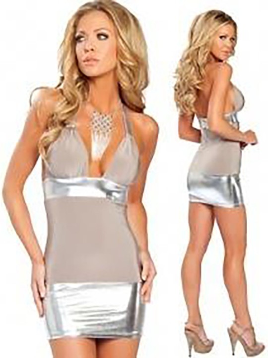 Seksikäs harmaa V-aukkoinen minimekko Bodycon-mekot Clubwear Silver Trim