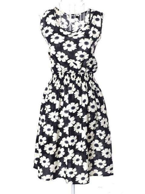 Damemode Sexet Daisy Print Kjole Clubwear Cocktail lille sort kjole