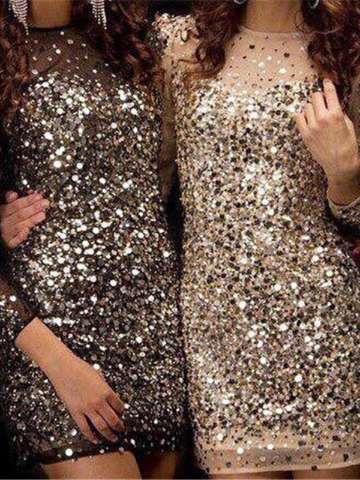 La manga larga de la señora atractiva negro brillante Sequins vestido de malla vestido de fiesta de noche SML