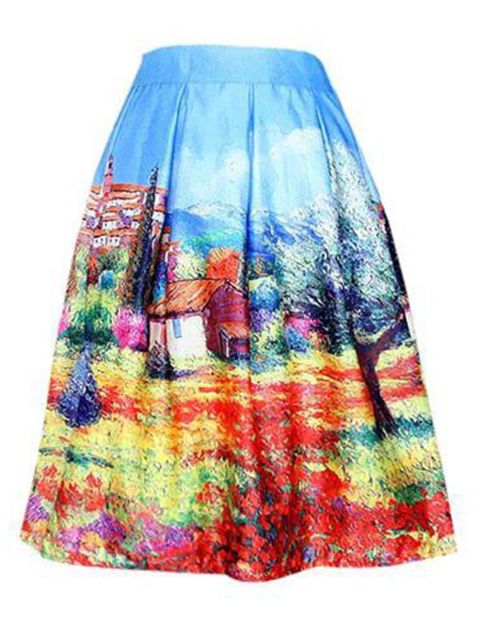 Las mujeres Fashion Sweet Multicolor Painting Scenery Imprimir plisado de cintura alta Una línea hasta la rodilla Princesa Midi Falda