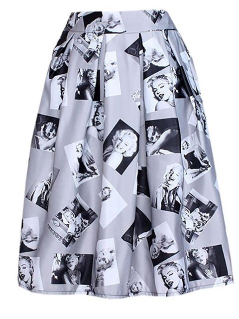Women Fashion Sweet 3D Marilyn Monroe Print Pleated High Waist A-line Knee-high Midi Princess Skirt