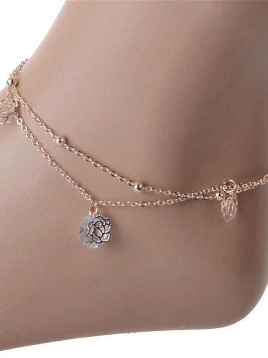 Women Girl Cutout Rose Crystal Double Layer Anklet Bracelet