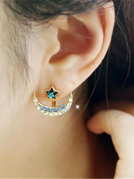 Women Lovely Women's Front & Back Rhinestone Star Moon Earrings Stud