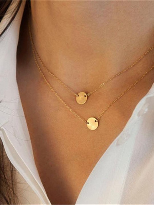 Frauen goldene Doppelschicht Choker Halskette einfachen Stil Wafer Anhänger