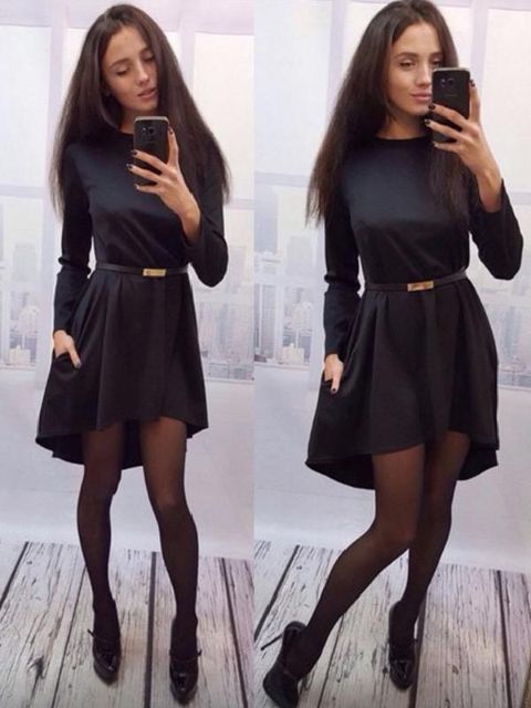 4 Colors Women's Solid Cute Mini Dress O Neck Long Sleeve Loose Asymmetric Casual Dress Slim Fit Skater Dress
