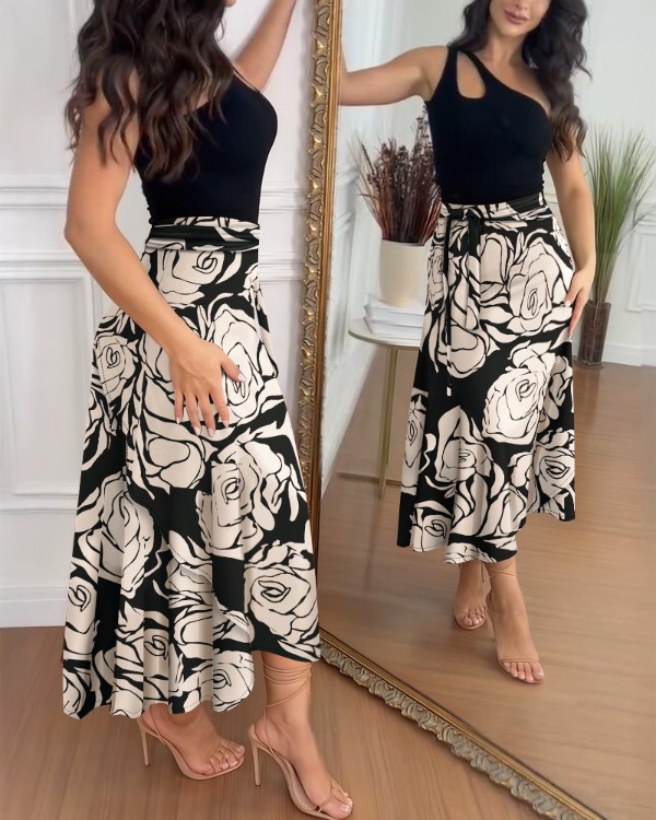 Jupe portefeuille à lacets, imprimé floral colorblock, ourlet asymétrique décontracté