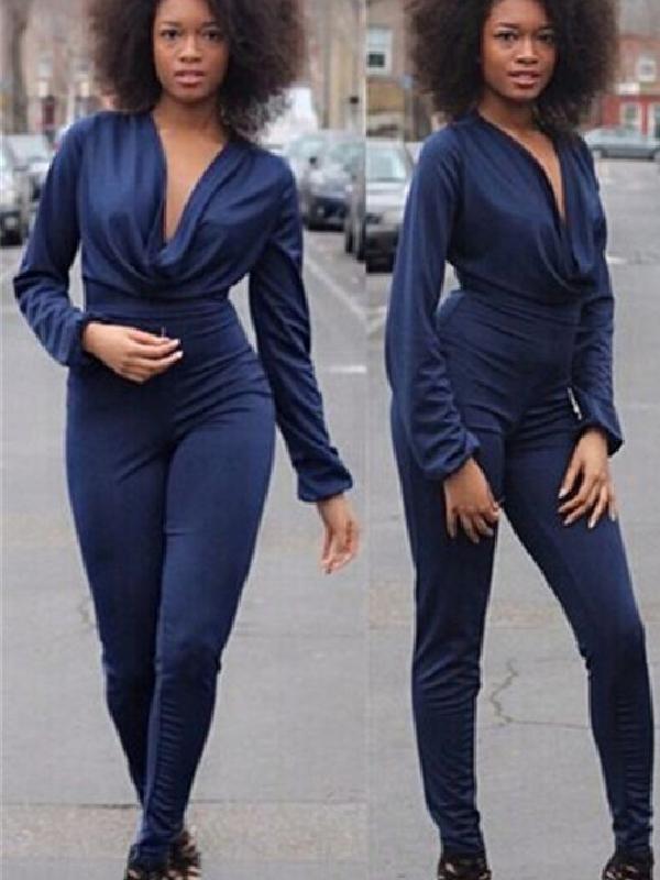 Kvenkyns kynþokkafullar langerma V-háls lausar jumpsuit Siamese buxur (4 stærð)