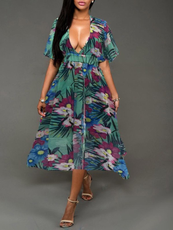 Moda feminina Impressão Floral Sexy Manga Curta V Profundo Pescoço Dividir Casual Bodycon Culottes Maxi Vestido