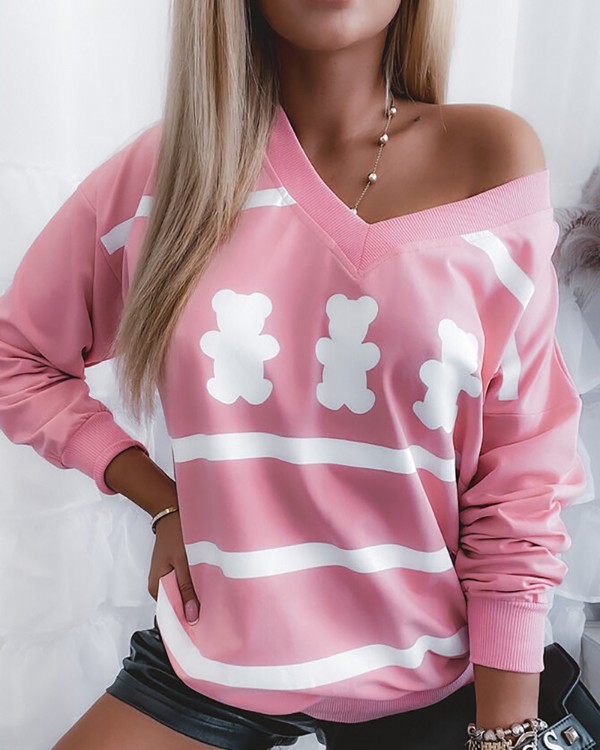 Top manga larga con cuello V y estampado de rayas de dibujos animados