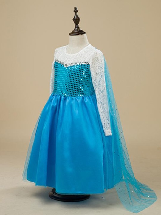 La moda linda Frozen Elsa Anna Baby Girls vestido azul princesa larga manga de encaje con lentejuelas Tutu traje de la capa del vestido del traje de los niños
