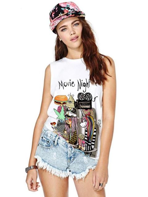 Kvenna tíska Hvít stafræn kvikmynd Næturprent Sleeveless Vest Vrop topp bolur