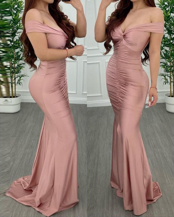 Off Shoulder Twist Ruched Mermaid Maxi Dress