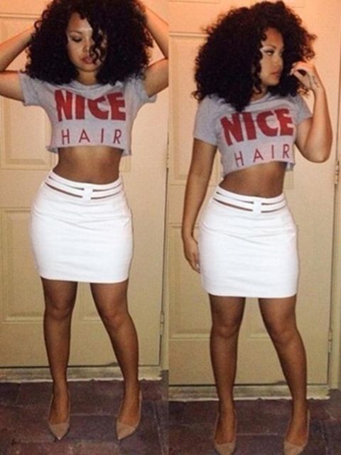 Women's Fashion Slim Fit 2pcs Dress Letters Printing Crop Tops+Hollow Hip Package Skirt