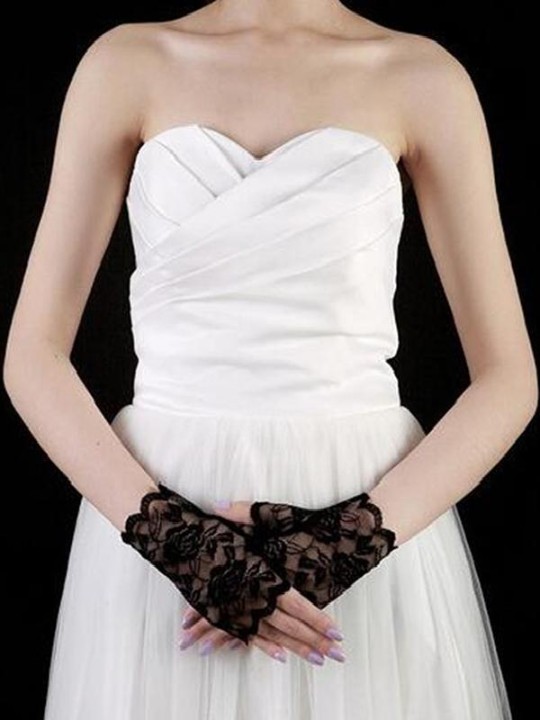 Hæklede blomsterblonde brudehandsker til bryllupsfest Sexede sorte fingerløse handsker