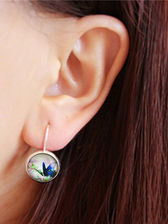 1 par Primavera Borboleta Brinco de Prata Banhado Francês Lever Cabochão De Vidro De Volta Brinco De Cobre Para As Mulheres de Varejo E Atacado