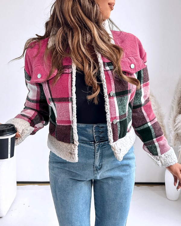 Vintage Plaid Print Corduroy Spliced Turn-down Collar Button Front Thermal Lined Jacket Casual Flap Detail Faux Shearling Trim Crop Warm Coat