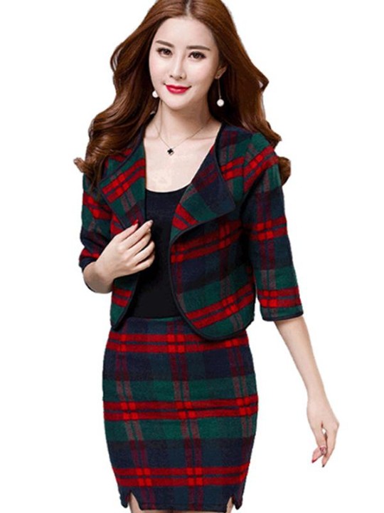 Fashion British Style Plaid Woolen Suit Sets 2 Pieces Warm Coat Blouse+ Skirt
