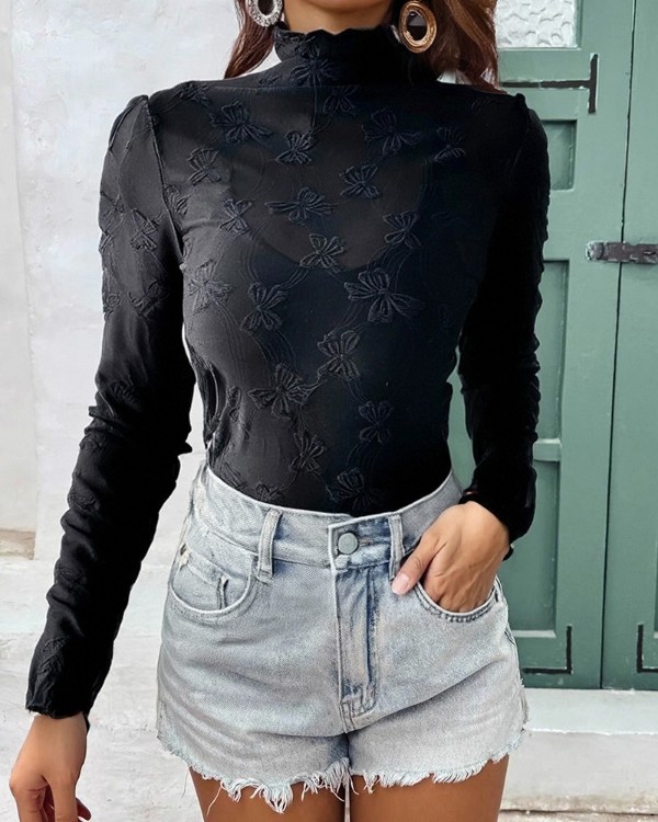Lace Frill Hem Mock Neck Long Sleeve T-Shirt Sexy See Through Sheer Mesh Top