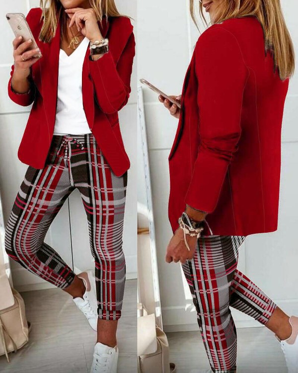 Shawl Collar Single Button Blazer & Plaid Pants Set