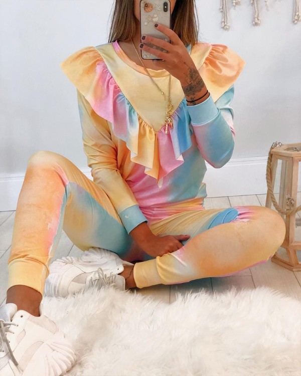 Tie Dye Ruffle Hem Top ja housut