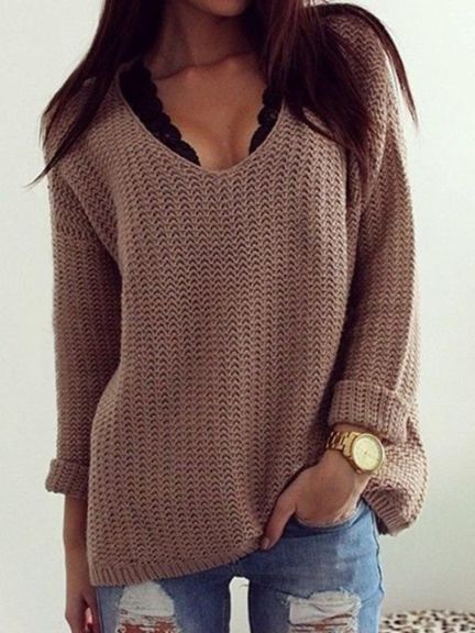 Estilo Retro Com Decote Em V Estilo Longo De Manga Comprida Pullover Solta Camisola