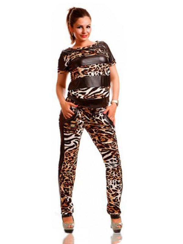 Kvinnors kortärmad sömnad Leopardmönstrad joggingtopp Sweatshirt + Casual sportbyxor kostymset